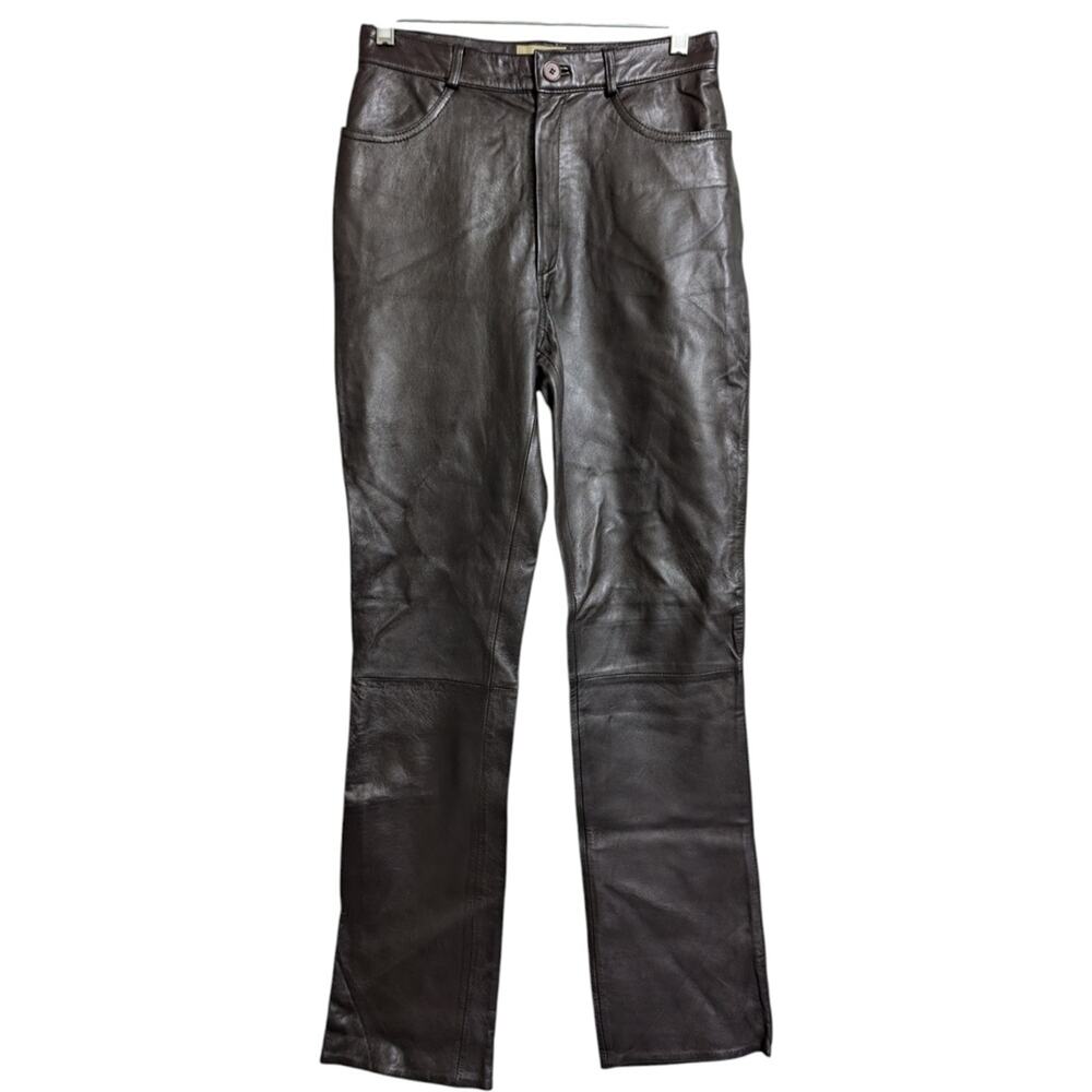 Rem Garson Brown Straight Leg Zipper High Rise Leather Pants Size 6